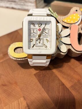 Michele White Ceramic Chronograph Watch with Gold Accents